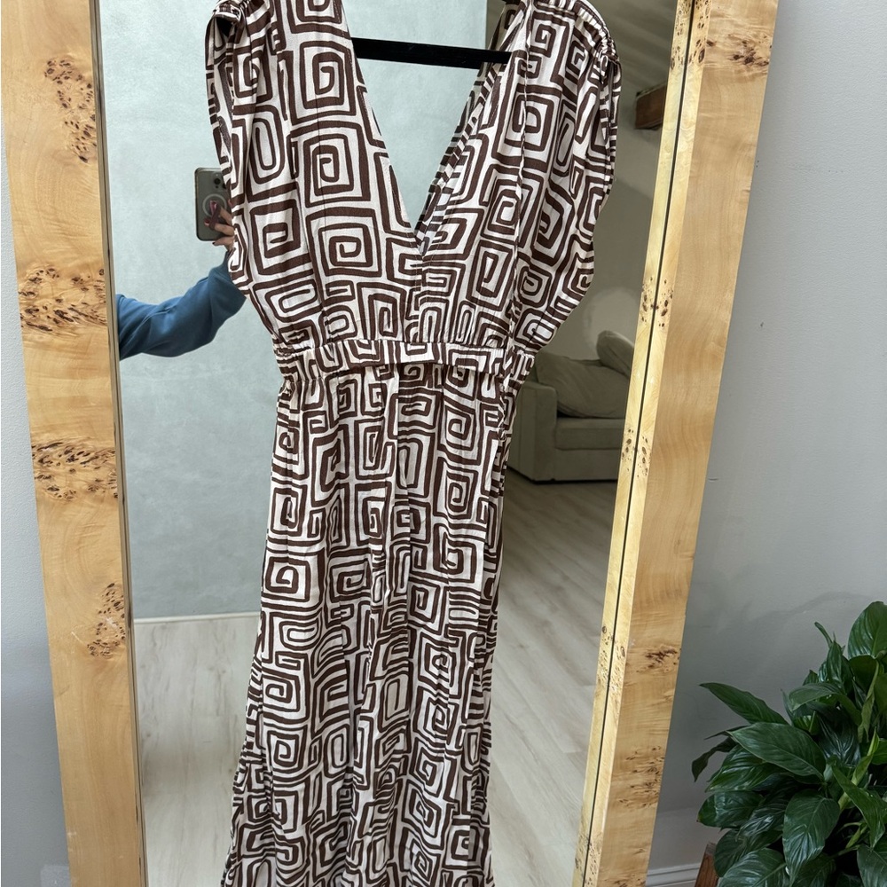 Brown Greek Inspired Geometric Pattern Maxi Dress